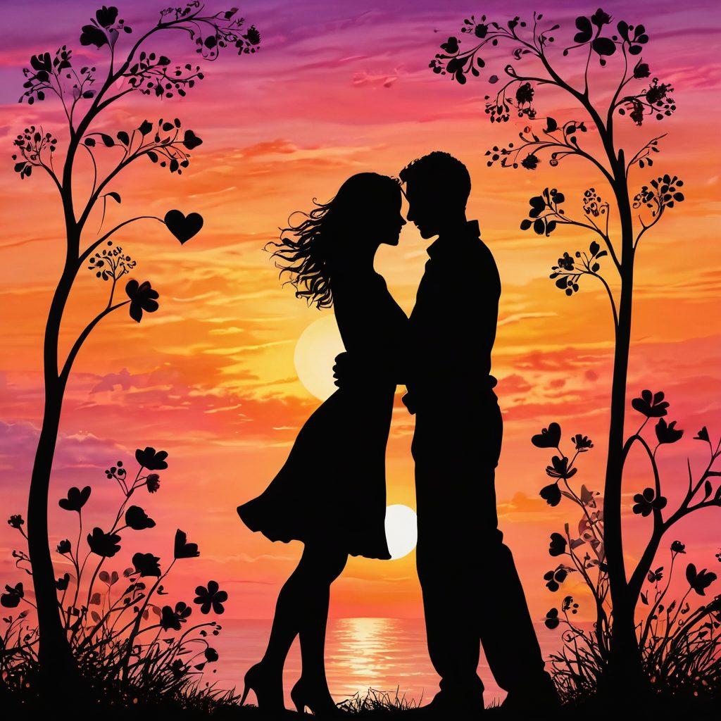 A romantic and whimsical scene depicting a seamless transition from flirtation to deep connection. Include silhouettes of diverse couples sharing playful glances and intimate moments, intertwined with colorful hearts and delicate flowers. The background should show a sunset blending warm hues of orange and pink, symbolizing passion and love. Add abstract representations of desire through swirling patterns and fluid shapes. vibrant colors. dreamy style.