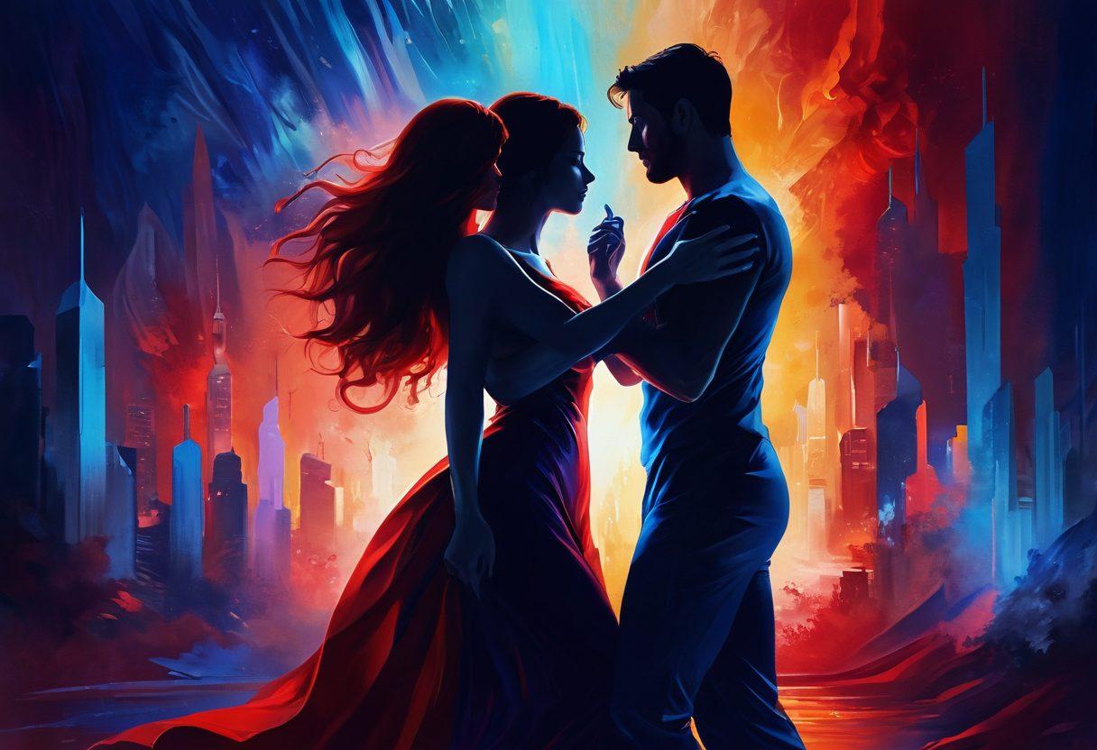 A captivating scene of two intertwined figures in an abstract representation of passion and intimacy, surrounded by swirling patterns of deep blues and rich reds symbolizing desire. Ethereal lights illuminate their expressions of connection, set against a backdrop of modern cityscapes subtly blending into a dreamy landscape. The overall mood is romantic and intriguing, evoking a sense of exploration and depth in relationships. digital painting. vibrant colors. soft focus.