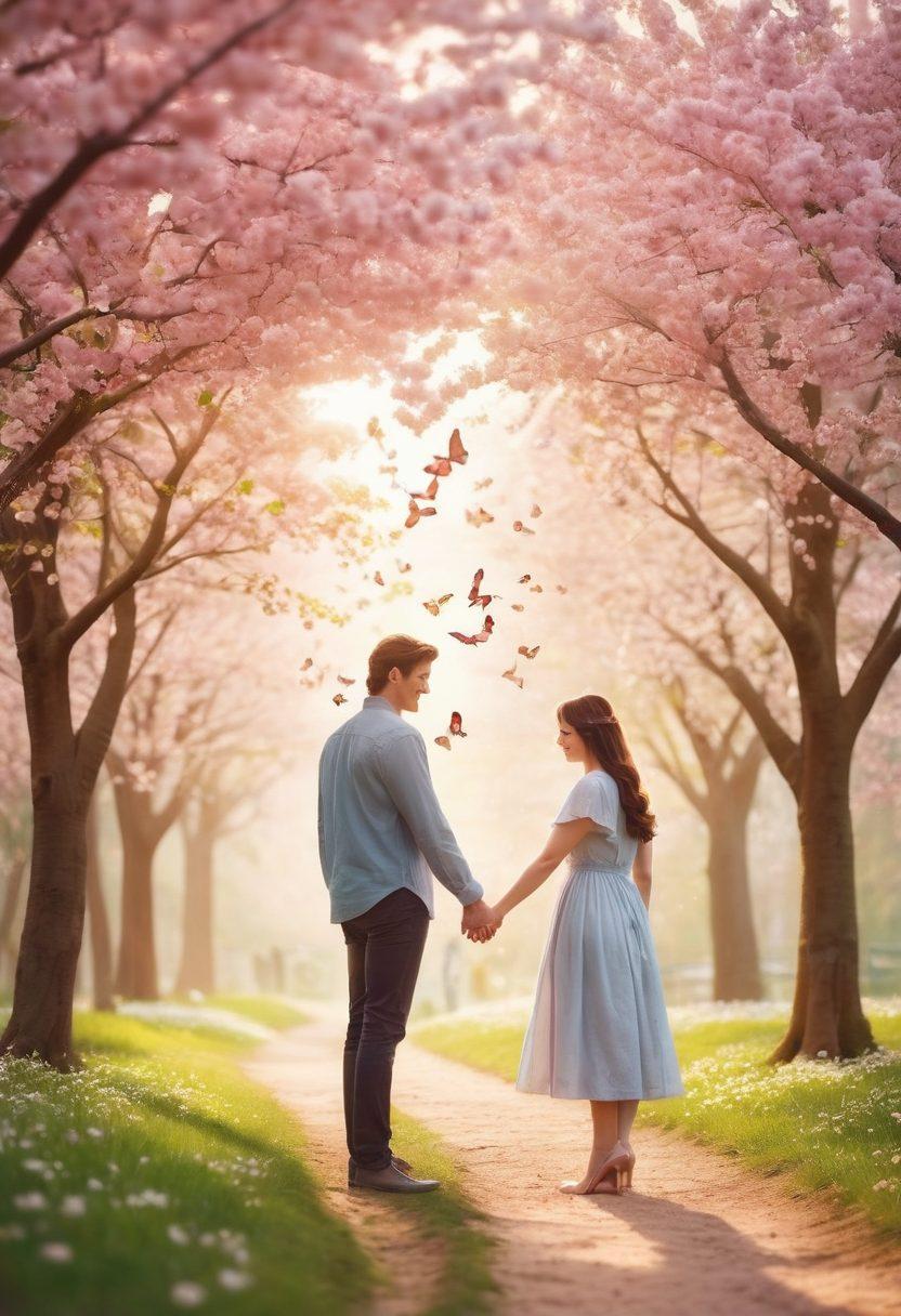 A couple holding hands in a dreamy park, surrounded by cherry blossoms, symbolizing romance and intimacy. Soft light filtering through the leaves creates a warm glow, with butterflies fluttering around, embodying the essence of affection. Their expressions are joyful and connected, reflecting deep emotional bonds. Enhance with pastel colors and a blurred background for a whimsical touch. super-realistic. vibrant colors. soft focus.